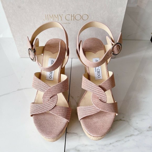 NIB Jimmy Choo Aleili 100 Leather Platform Wedge Sandals Blush Size US 10 EU 40 - Picture 6 of 12